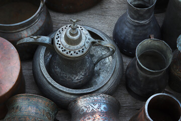 Georgia, Tbilisi - November 2021: extraordinary flea market with assortment of antiques plates, jewelery and bric-a-brac on sale. 
Old Market (Dry Bridge), ancient market in Tbilisi, Georgia 