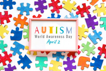 Autism Awareness Day April 2, World Autism Day, frame with puzzle pieces. Banner, wallpaper, background for flyer, poster for Health Care Awareness campaign for Autism