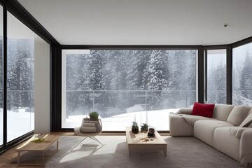 3d rendering illustration of interior with snow outside