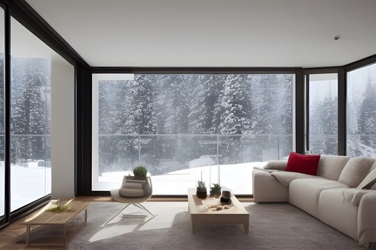 3d rendering illustration of interior with snow outside