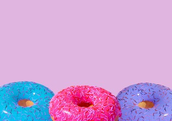 3D donuts on a purple background is a realistic sweet dessert with a top. 3D rendering