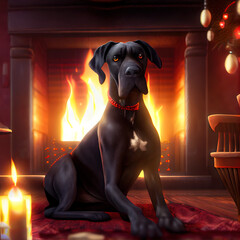 Great Dane sitting in front of a roaring fire at christmas - obrazy, fototapety, plakaty