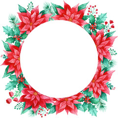Red Watercolor Poinsettia Christmas Florals as a Circular Border Behind a Round Frame