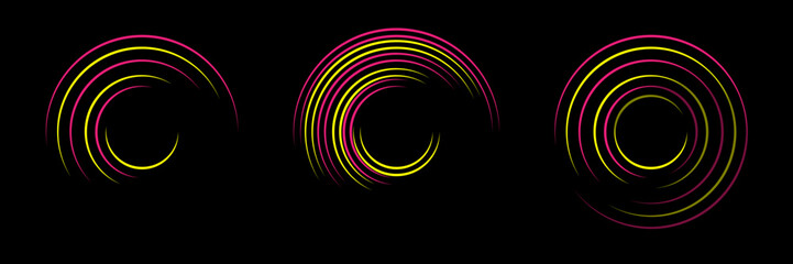 Gradient neon circle frame set. Line light. Glowing border isolated on dark background. Colorful night banner, vector light effect. Bright luminous form.