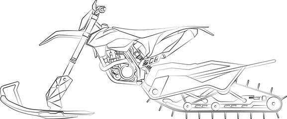 Motocross Snowmobile, Motocross Snowbiking Snowbike, snow scooter snowmachine winter sport vehicle. sketch drawing, contour lines drawn