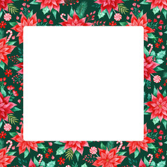 Red Watercolor Poinsettia Christmas Flowers on Dark Green behind Square Frame