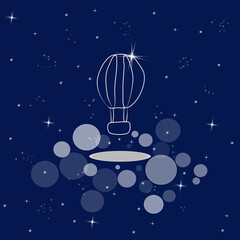 Hot air balloon, flight, travel, adventure, dream. Banner, illustration with dark blue color background.  New concept backdrop, glitter effect