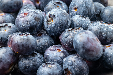macro photo of a group of blueberries with high resolution and water drops