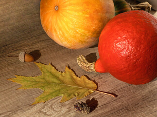 Orange and yellow pumpkins lie on a brown wood textured background with an autumn leaf, acorn and cone, close-up side view
