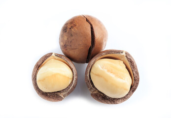 Close up of Shelled and unshelled organic macadamia nuts isolated on white background. healthy food concept.