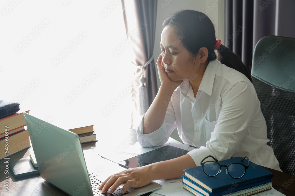 Wall mural stress business woman person from hard work, depression in office. tired and anxious employee female