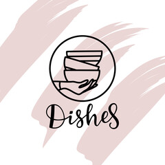 Vector illustration with female hand and ceramic utensils. Craft ceramic dishes. Plates, cups, mugs. Manufacturing of ceramic dishes. Handmade pottery.
