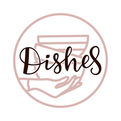 Vector illustration with female hand and ceramic utensils. Craft ceramic dishes. Plates, cups, mugs. Manufacturing of ceramic dishes. Handmade pottery.	