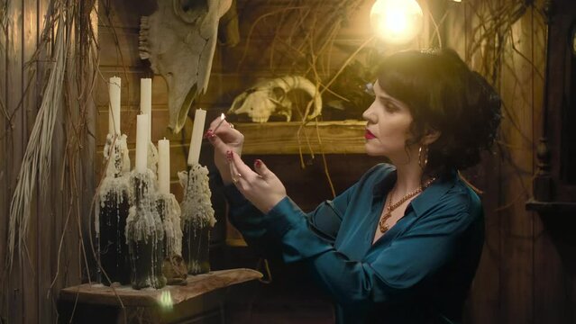 A mystical woman in a blue neckline shirt with a magical amulet around her neck and rings on her hand lights candles on the altar, with animal skulls hanging on the wall in the background
