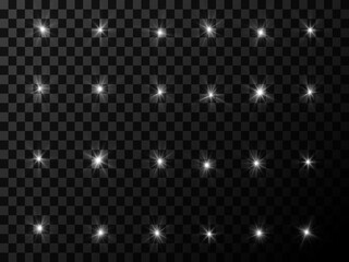 White glowing light explodes on a transparent background. Glittering magical dust particles. Bright Star. Transparent shining sun, bright flash. Vector sequins. To center a bright flash.