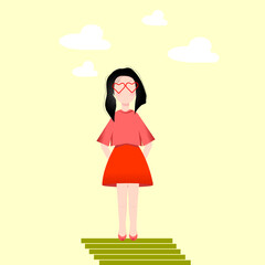 Girl in heart glasses on yellow background