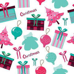Christmas and Happy New Year seamless pattern with Christmas toys and gifts. Trendy retro style. Vector design template.