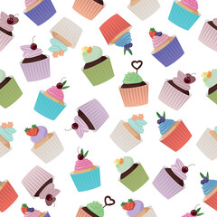 a seamless pattern with muffins with different fillings and decorations on a white background