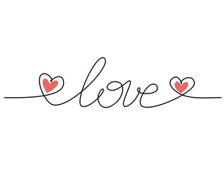 Continuous line drawn free hand lettering Love with two hearts. Single line romantic word Love
in a modern minimalist style. Isolated Vector Illustration on a white Background