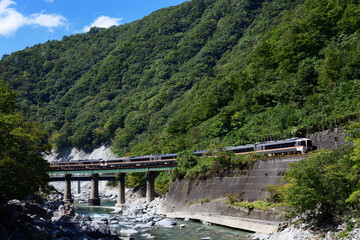 山間の渓谷の鉄橋を渡る高山本線特急ひだ号