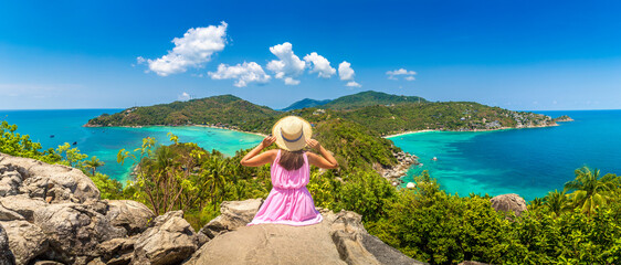 Woman and Aerial view of Koh Tao - obrazy, fototapety, plakaty