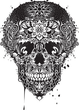 Black and white sugar skull with full ornament, perfect for poster or t shirt design