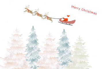 雪化粧のもみの木とサンタクロースとトナカイがプレゼントを届けに行くクリスマスのイラスト_santa claus on a sleigh and reindeer