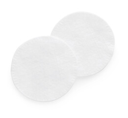 Soft clean cotton pads on white background, top view