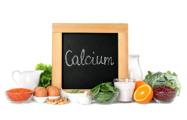 Set of natural food and chalkboard with written word Calcium on white background