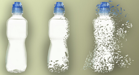 Set with bottles of water vanishing on color background. Decomposition of plastic pollution, banner...