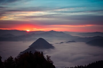 Wonderful morning mountain landscape. Sunrise at the top of Trzy Korony in Pieniny, Poland. © shadowmoon30