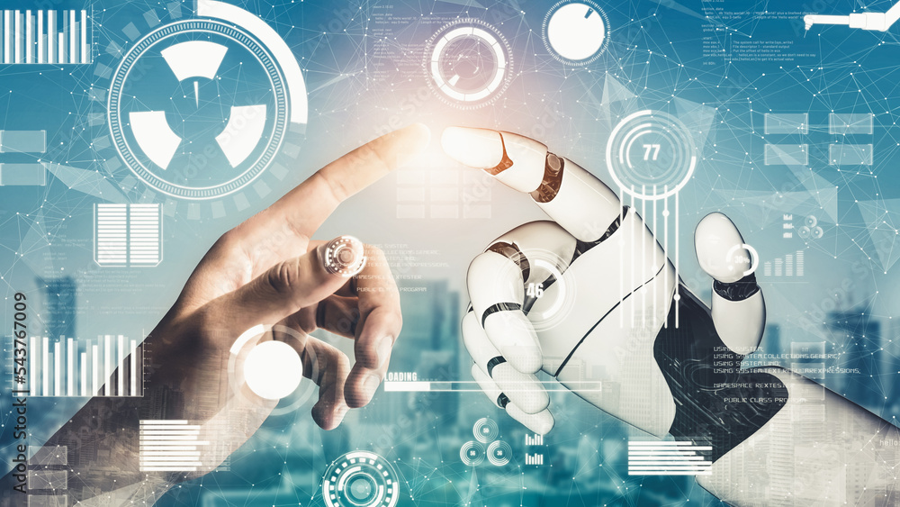 Poster futuristic robot artificial intelligence revolutionary ai technology development and machine learnin