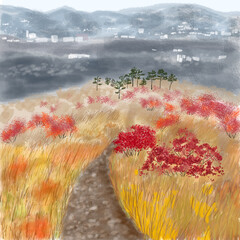 Autumn landscape on a hill with pines. Digital illustration