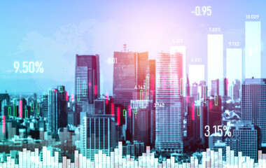 Financial graphs and digital indicators overlap with modernistic urban area, skyscrabber for stock market business concept. Double exposure.