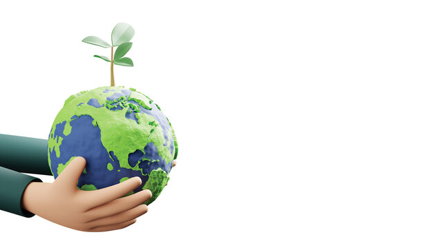Hands holding plasticine global with tree on white background think green 3D render