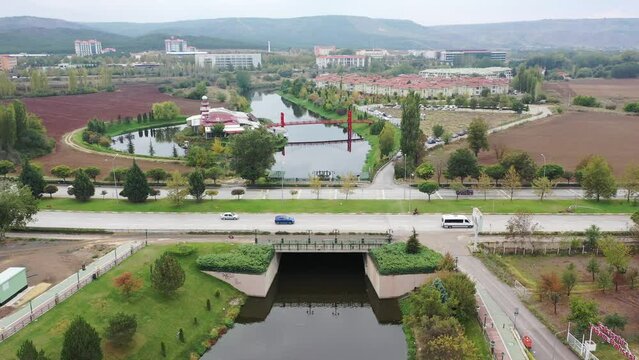 Aerial view of porsuk river in Eskisehir,TURKEY.4K UHD aerial video.