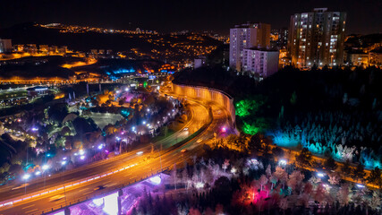 Fototapeta na wymiar Aerial view of Night Ankara in Highway.4K UHD aerial video.