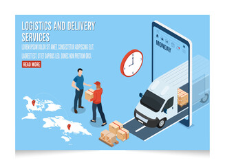 3D isometric Logistics and Delivery services concept with People delivering a box to a customer at home or office. Vector illustration eps10
