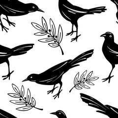 Animal seamless pattern with black birds. Hand drawn sketch style. Vector background on white.