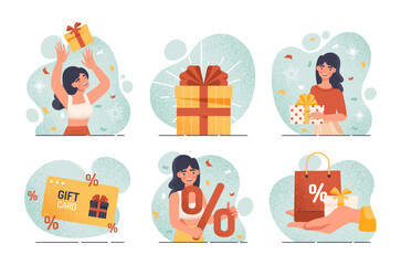 Bonus cards and gifts. Collection of advertising posters and banners for website, modern marketing methods, special offer and promotion. Cartoon flat vector illustrations isolated on white background