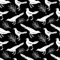 Animal seamless pattern with white birds. Hand drawn sketch style. Nature background on black.