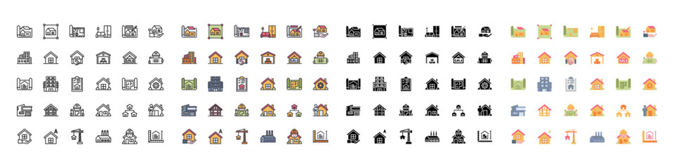 Obraz premium Model House Line Color Icons Vector Set Illustration , Building , Home , Residential House