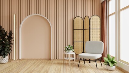 Boho style interior with gray armchair and decor on cream color slat. - obrazy, fototapety, plakaty