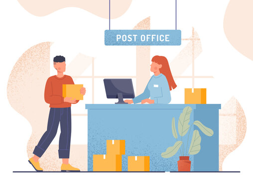 Customer receiving parcel. Man with box in his hands approaches post office. Home delivery, modern and convenient service. Transportation and logistics concept. Cartoon flat vector illustration