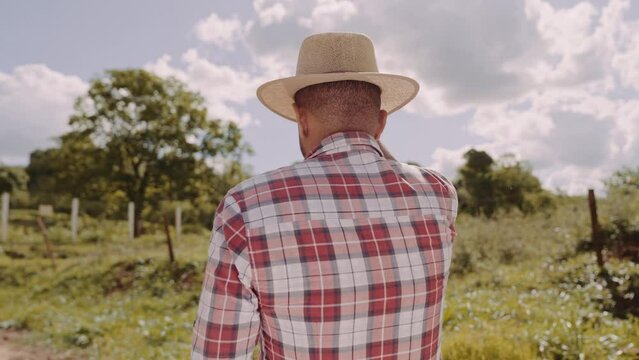 Young man in the casual shirt backwards putting on the hat in the farm on the colorful sky background. Premium Cinematic 4K