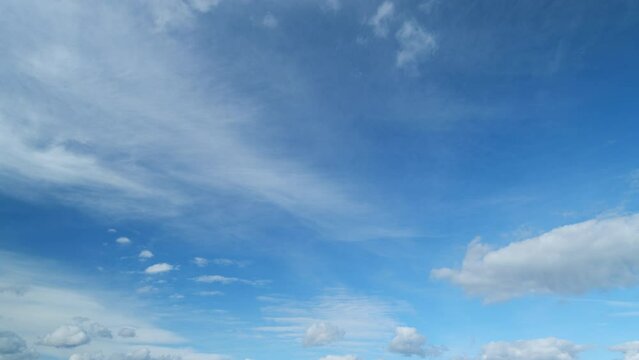 Beautiful blue sky with cumulus and cirrus on different layers clouds background. Sky with clouds weather nature cloud blue. Timelapse.