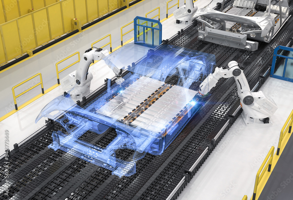 Poster robot assembly line with electric car battery cells module on platform