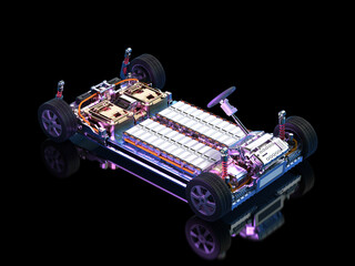 Electric car with pack of battery cells module on platform