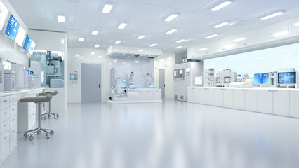 White futuristic digital laboratory interior in semiconductor manufacturing factory