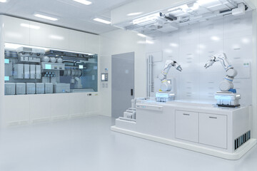 Automation laboratory with  robotic arms in white futuristic laboratory